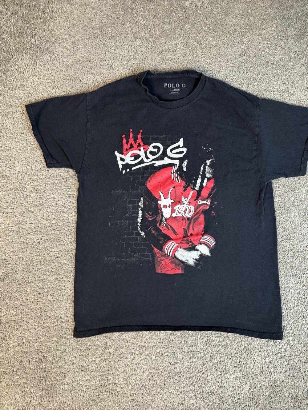 POLO G Shirt Mens Large Black Graphic Print Crew Neck Cotton Jersey Tagless